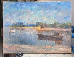 SZUPER ÁR! 80x60 impresszionista vízparti táj, remek színekkel - olaj-vászon