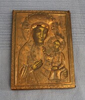 Régi vintage antik réz okládos Fekete Madonna Szűz Mária lengyel ikon szentkép vallási kép