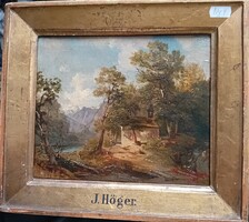 Josef Höger : Romantikus tájkép : Folyó házikóval