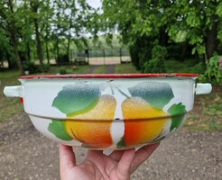 Régi zománcos tál  edény körte mintával " Budafok " jelzéssel