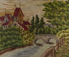 1V880 Keretezett tájkép tűgobelin kézimunka 43 x 36 cm