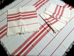 Régi, szőttes pamut 8 darabos garnitúra, cimkével, rojtokkal méret a képeken