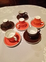 Színes  - barna - piros - hollóházi art deco porcelán kávés készlet  : 6 csésze + 6 csészealj