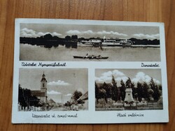 Régi képeslap, Nyergesújfalu, Dunarészlet, Utcarészlet, Hősök emlékműve, Karinger kiadás, 1952