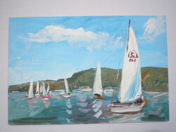 BALATON , VITORLÁS , YACHT . CSODÁLATOS , SZÉP FESTMÉNY . -- JELZÉS NÉLKŰL