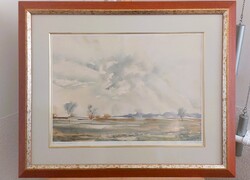 (K) Horváth Imre Hortobágy tájkép festménye  70x57 cm kerettel
