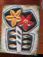 Zsolnay pirogránit falikép kép virág mintával 20x25 cm