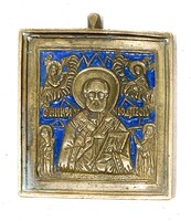 ANTIK 19. SZÁZADI BRONZ SZENT MIKLÓS UTAZÓ IKON FESTETT ZOMÁNCCAL