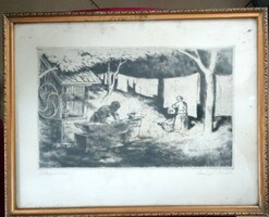 Szőnyi István: Nagymosás. Rézkarc. Mérete: 38x45cm 23x37 cm.