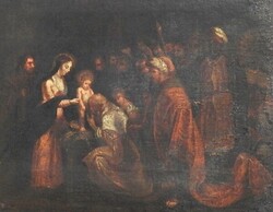 Osztrák festőművész alkotása a XVIII. század első feléből! Háromkirályok hódolása... olaj, vászon.