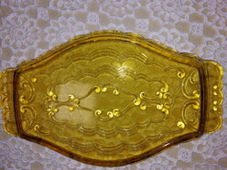 Borostyan szinű, gyönyörű mintás üvegtálca, asztalközép