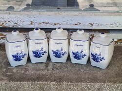 Finn vintage romantikus kék rózsavirág díszített fedeles porcelán fűszertartók