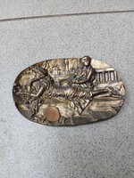 Szép régi bronz domborműves névjegykártya tartó tálka/falidísz (16,5x10,5 cm)