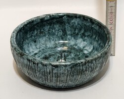Pataky Dezső jelzett, iparművészeti címkés, szürkészöld mázas, ikebana kerámia virágtartó (3468)