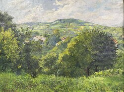 Szörényi Reischl Károly 1924 - Napsütötte táj, olaj vászon festménye, 80*60 cm