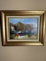 Uzonyi Ferenc festmény: Tokaj, kikötő 30x40cm, olaj