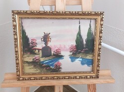 (NBL4) Naiv stílusú tájkép festmény 37x30 cm kerettel
