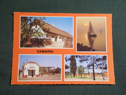 Képeslap,Zamárdi,mozaik,étterem,csárda,presszó,kemping,vitorlás hajó látkép,részlet, 1985-