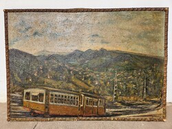 Kortárs festmény Fogaskerekű a hegyen Kerekes 69 szignóval