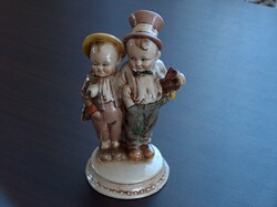 120 éves német porcelán ( Carl Schneider ) szobor, komikus gyermekpáros, hibátlan