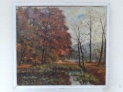 Antik festmény őszi vízpart tájkép olaj vászon keretben szignált 837 2138