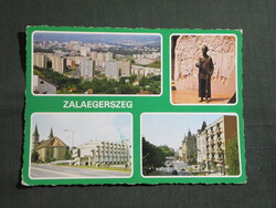 Képeslap,Zalaegerszeg,mozaik,Ho Si Minh-emlékmű,szálló,utca,város látkép,részlet, 1985-