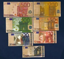 24 krt. arany bankjegy EURO készlet. 7 db  aranyfóliás pénz GOLD plasztik