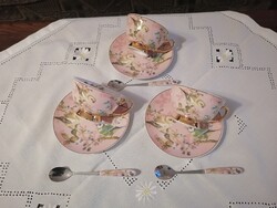 Madár motívumú porcelán teáscsésze alátéttel, kiskanállal