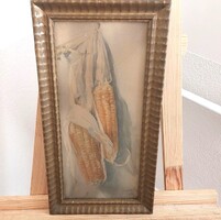 (NBL4) Szignózott régi akvarell festmény kukorica  22x42 cm kerettel