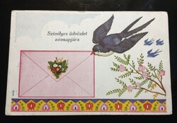 Régi grafikus rajzos levelezőlap névnapi fecskével.