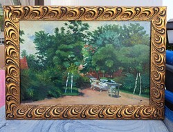 Parkrészlet, töredékes szignóval, Papp Sándor? (Alexandru Popp?) erdélyi festő, Kertrészlet padokkal