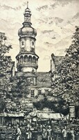 Maurer Dóra: Sopron (szignózott rézkarc) piac, háttérben a Tűztorony - 1960-as évek