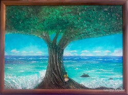 Csendes-óceán. 70x100 cm-es zománckép.  Károlyfi Zsófia Prima díjas művész alkotása tanúsítvánnyal.