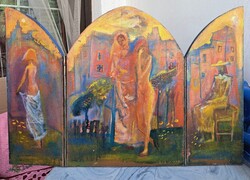 BABOS ÁGNES: Triptichon (olaj, fa) Asszonnyá válás, női sors - győri festő