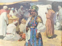 Keleti Orientalista Olajvászon festmény Arab piac , pompás ragyogó színek