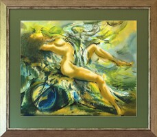 Új keretben! Bihari Sándor Léda című akvarellje, 50x60 cm, SZERTIFIKÁCIÓVAL!
