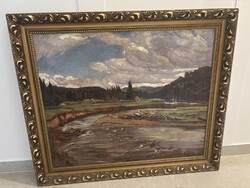 Barabás Márton: Folyóparti tájkép – olaj, vászon, eredeti keretben