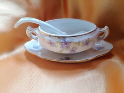 Hüttl porcelángyár ibolyás szószos tál eredeti régi porcelán merítő kanállal