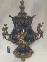 Régi Nagyméretű Bronz,Réz Figurális Puttós,Sötét Kék Porcelán Betétes Fedeles Kastély Váza.50 cm.