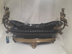 Régi Nagyméretű Bronz,Réz Figurális,Kék Porcelán Betétes,Kastély Asztalközép,Kínáló.70 cm.