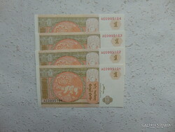 Mongólia 1 tugrik 2008 4 darab Sorszámkövető ! Hajtatlan bankjegyek