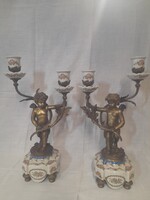 Régi Nagyméretű Bronz,Puttós Figurális,Kézi Festett Porcelán Betétes,Kastély Gyertyatartó Pár.40 cm.