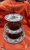 Antik angol jelenetes porcelán emeletes kínáló, asztalközép