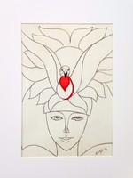Egy üzenet. Krétaceruza rajz. 30x40 cm. Prima díjas művész alkotása. Károlyfi Zsófia/1952