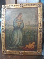 Régi XIX.Század Reneszánsz Jellegű,Olaj-Íves Falemez Kézi Festésű Asztali Festmény Kép.14 cm.