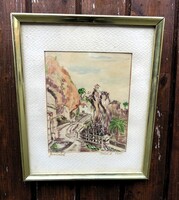 Mediterrán Szignózott Akvarell Tájkép Guadalest 1985