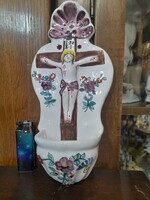 Kerámia Jelzett Kézi Festésű Feszületes Szenteltvíz Fali Tartó.24.5 cm.