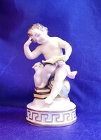 A tudomány allegóriája. Glóbuszon ülő puttó könyvvel és bagollyal. Antik nápolyi porcelán, hibátlan.