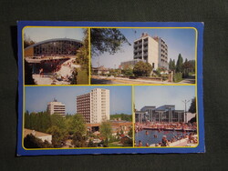 Képeslap,Hajdúszoboszló,mozaik,gyógyfürdő,strand,medence,szálló,üdülő,étterem látkép,részlet, 1988-