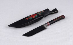 1W248 Régi kisméretű üzbég dísztőr díszkés bőr tokban 13.8 cm